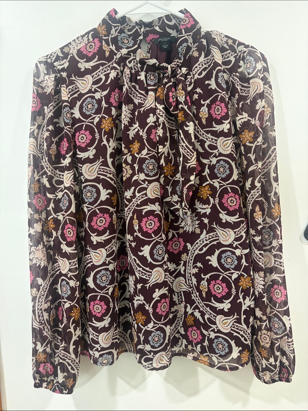 Ann Taylor Burgundy Floral Tie-Neck Blouse